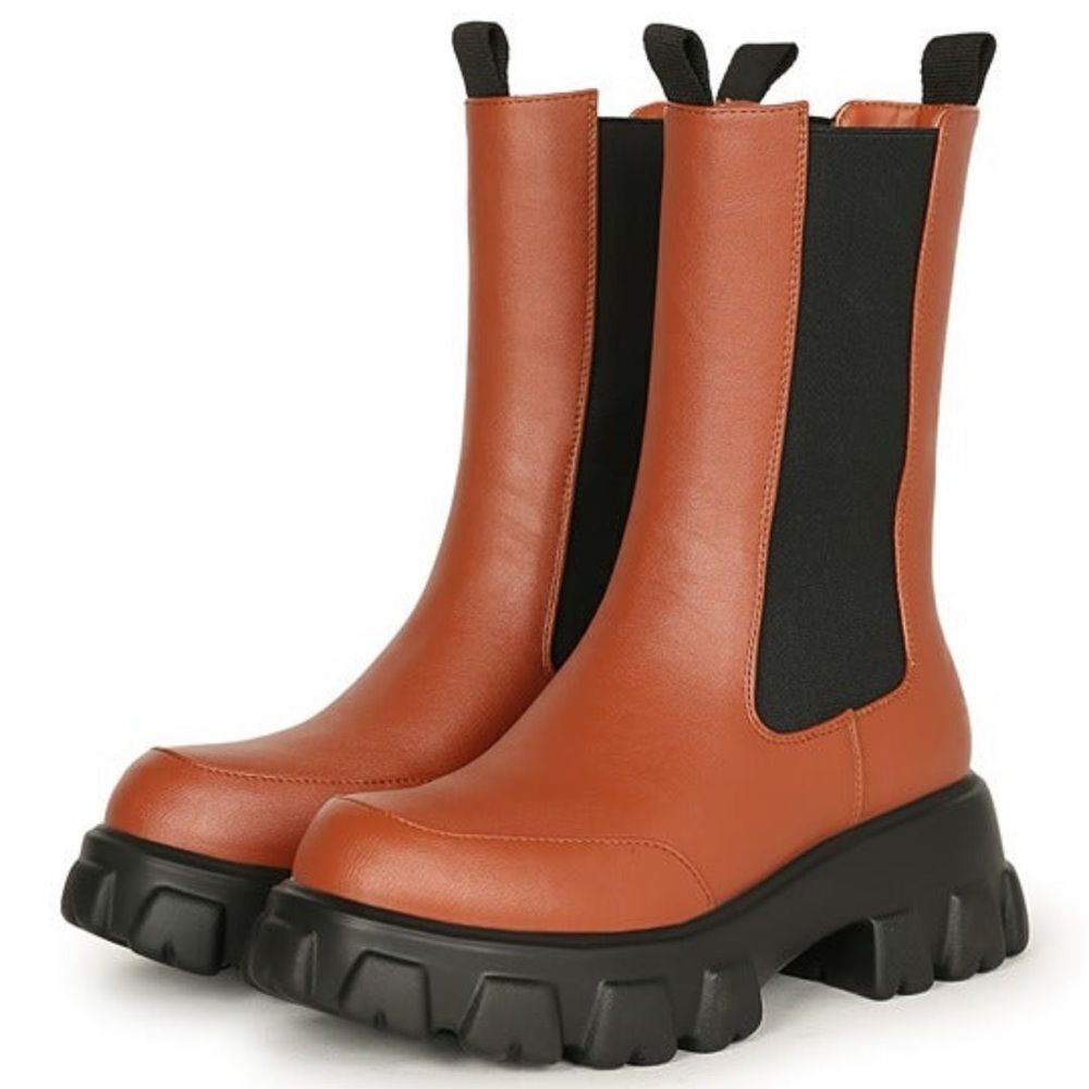 Women’s leather Goth pull‎ on boots Chunky Mid Calf Elastic Round Toe